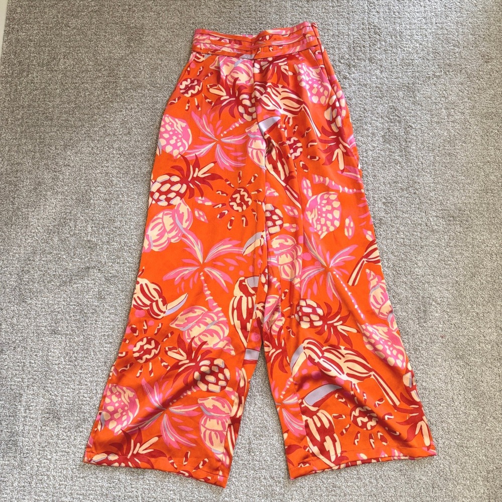 House of Harlow Orange Tropical Pineapple Wide Leg Pants Trousers XS Resort Luau